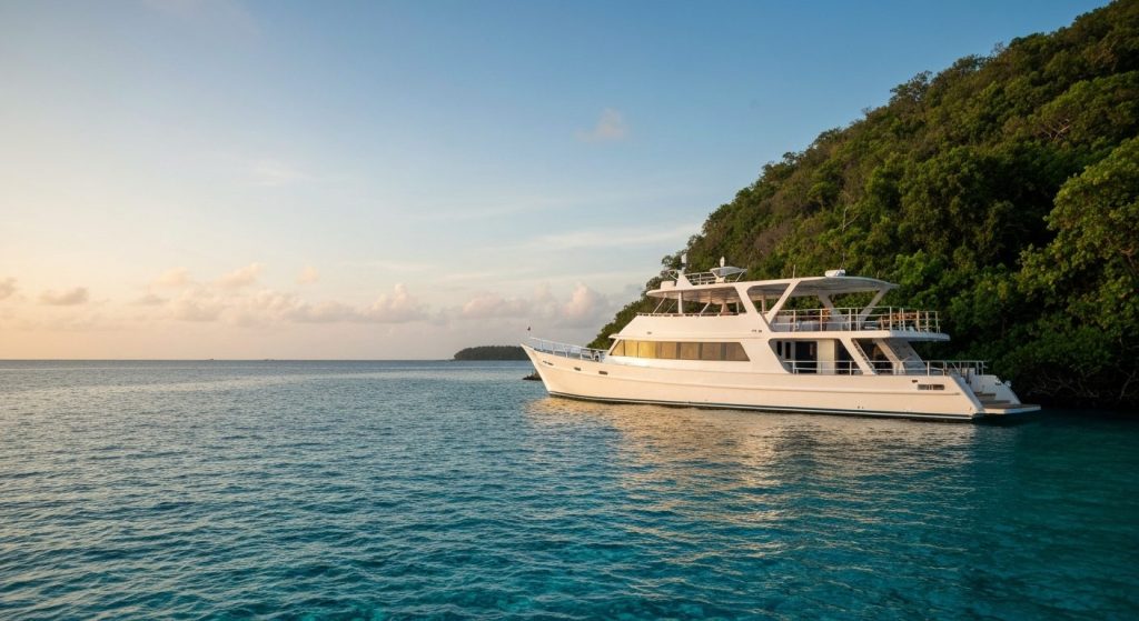 best luxury liveaboard raja ampat — Photorealistic editorial travel photograph relevant to: The direct-booking luxury op