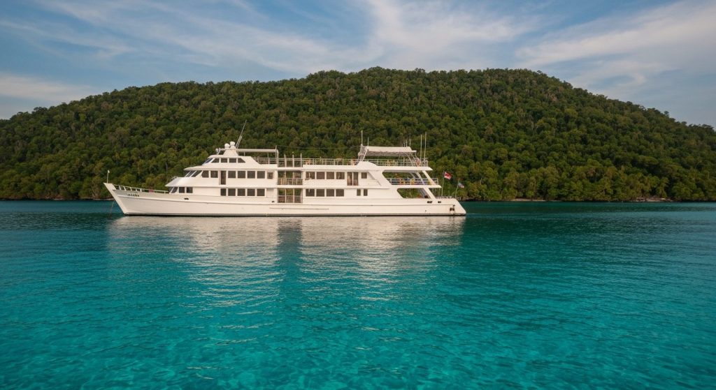 raja ampat luxury liveaboard vs resort — Photorealistic editorial travel photograph relevant to: The direct-booking luxu