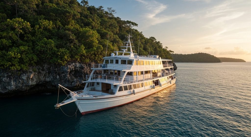 what marine life will i see raja ampat — Photorealistic editorial travel photograph relevant to: The direct-booking luxu