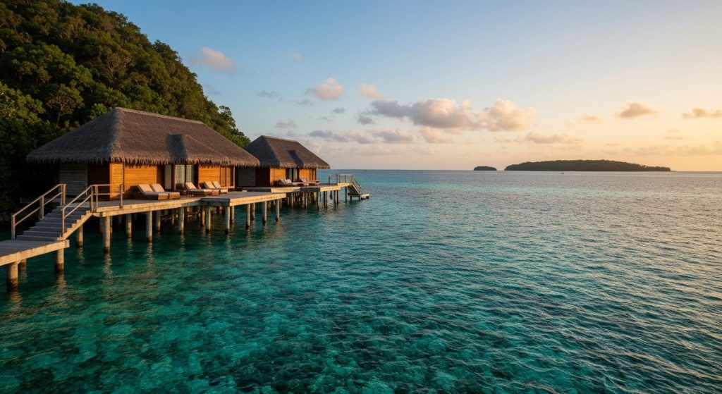 best raja ampat luxury resorts overwater bungalow — Photorealistic editorial travel photograph relevant to: The direct-b