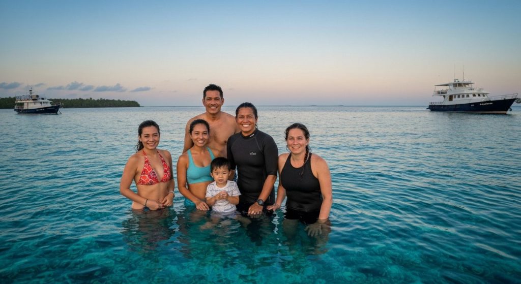 family diving package raja ampat — Photorealistic editorial travel photograph relevant to: The direct-booking luxury ope
