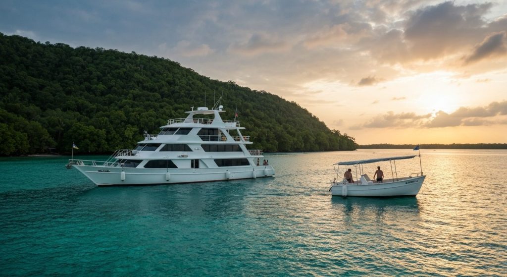 luxury raja ampat tour from sorong — Photorealistic editorial travel photograph relevant to: The direct-booking luxury o