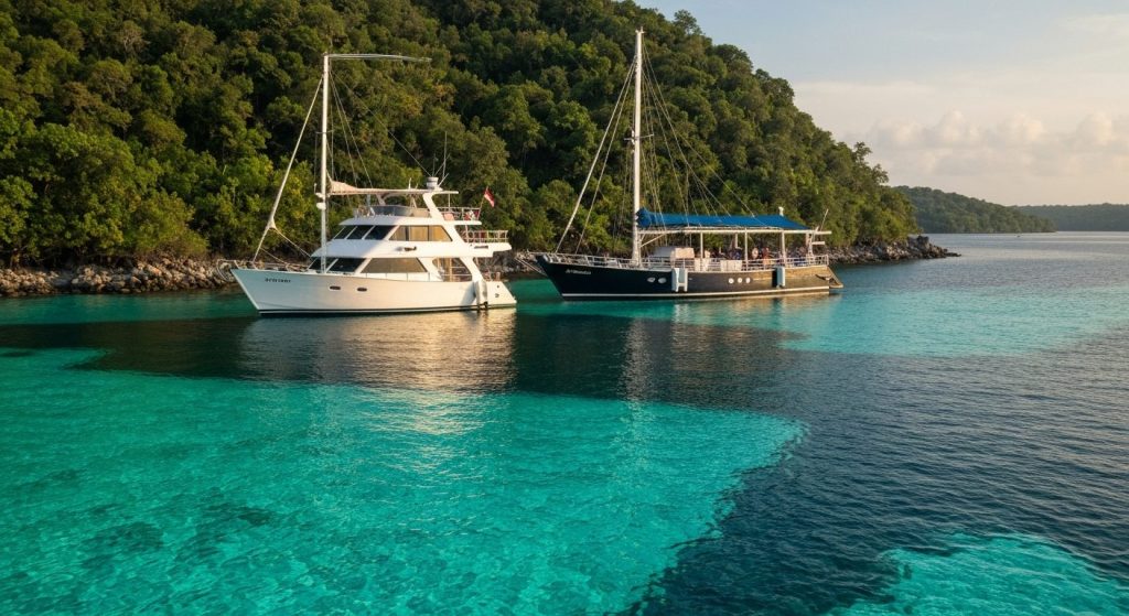raja ampat luxury tour — Photorealistic editorial travel photograph relevant to: The direct-booking luxury operator and