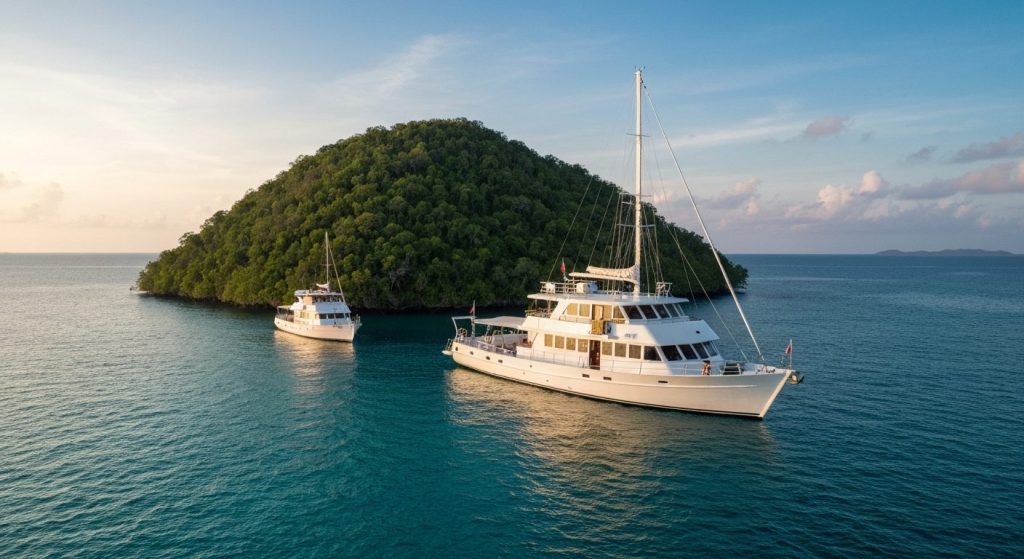raja ampat honeymoon liveaboard — Photorealistic editorial travel photograph relevant to: The direct-booking luxury oper