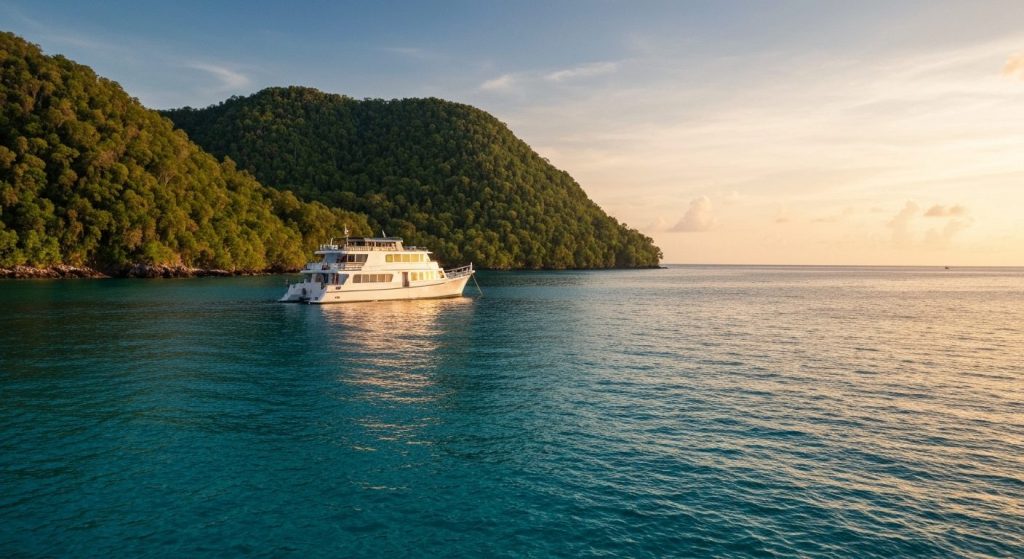raja ampat luxury island hopping tour — Photorealistic editorial travel photograph relevant to: The direct-booking luxur