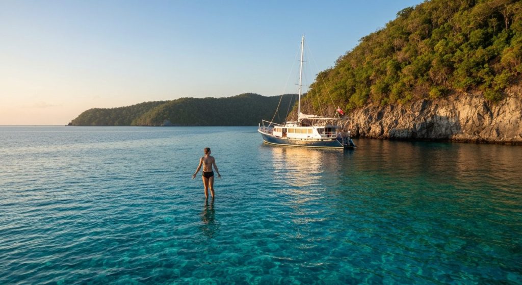 raja ampat luxury liveaboard booking — Photorealistic editorial travel photograph relevant to: The direct-booking luxury