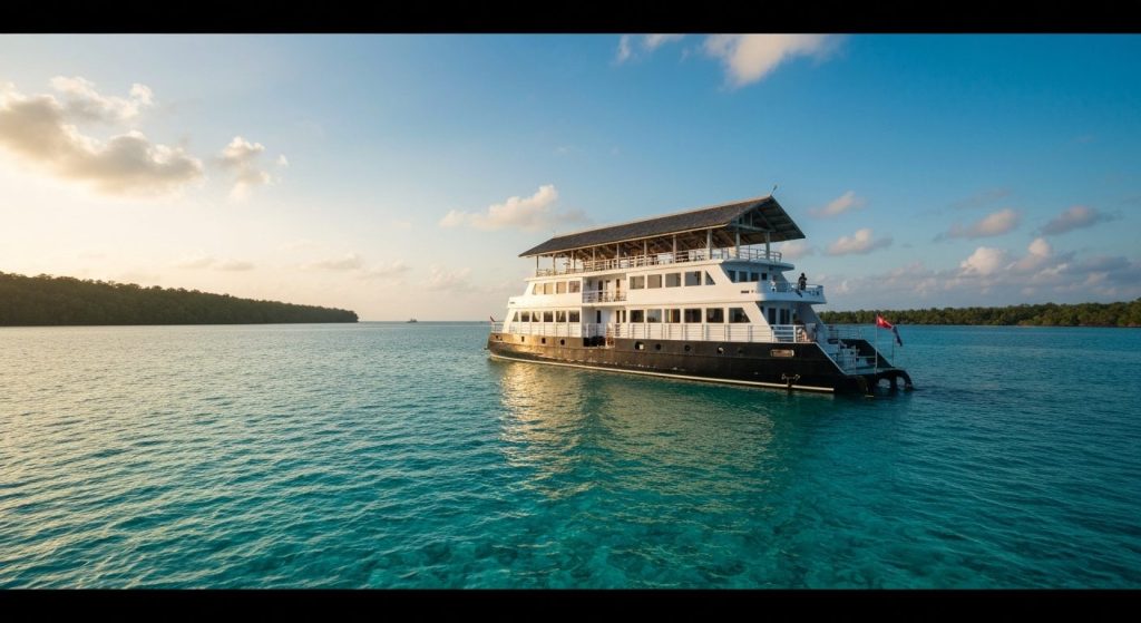 raja ampat luxury liveaboard prices — Photorealistic editorial travel photograph relevant to: The direct-booking luxury