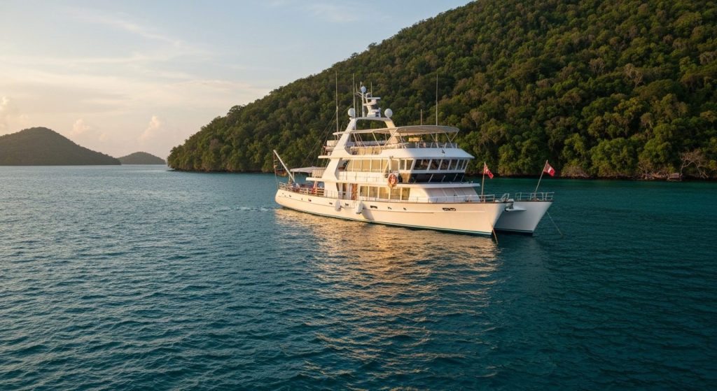 private yacht charter raja ampat — Photorealistic editorial travel photograph relevant to: The direct-booking luxury ope